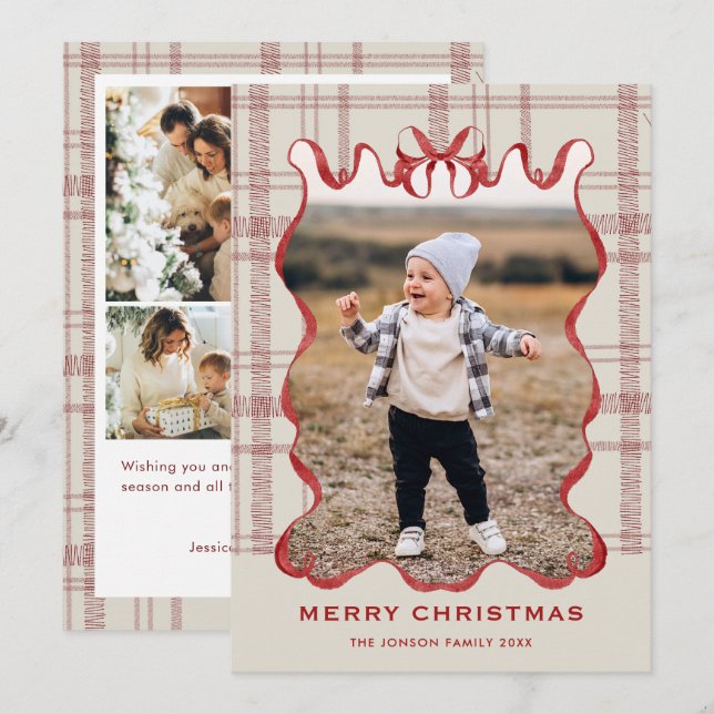 Tarjeta Festiva Funky Vintage Christmas Red Bow Coquette5 Photo (Anverso / Reverso)