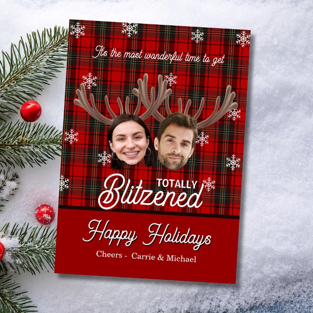 Tarjeta Festiva Funny 2 Photo Face Dry Sarcastic Humor Christmas (Funny dry sarcastic humor red Christmas holiday card with 2 photo faces for worst year ever 2025)