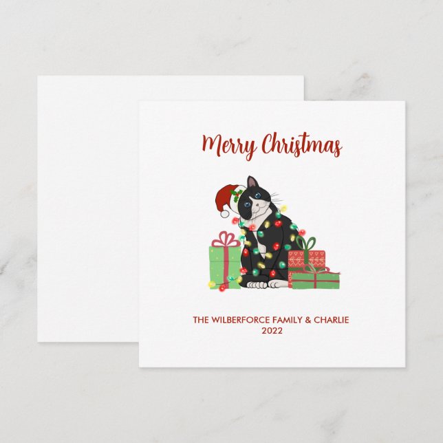 Tarjeta Festiva Funny Black Cat and Lights Navidades (Anverso / Reverso)