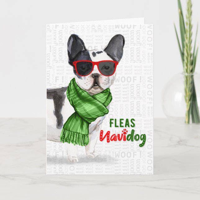 Tarjeta Festiva Funny Boston Terrier Fleas NaviDOG Navidades (Anverso)