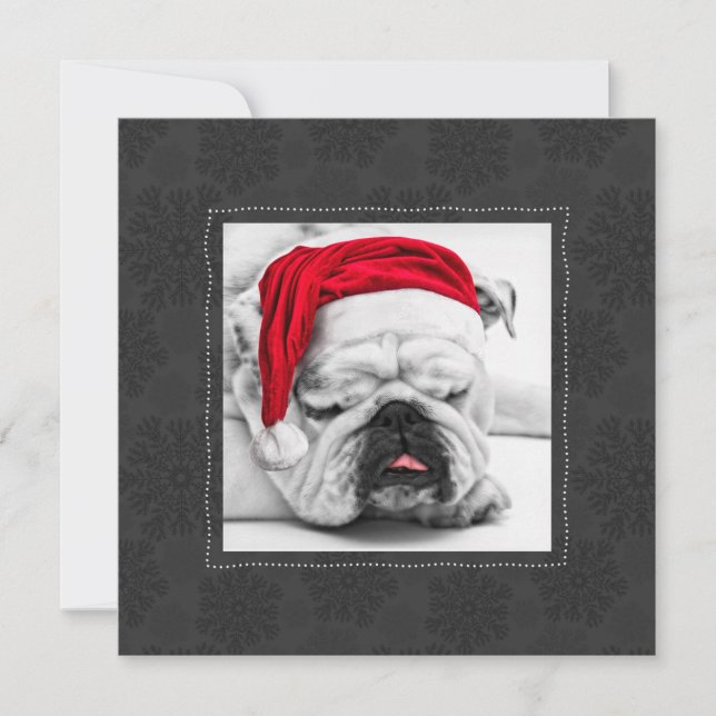 Tarjeta Festiva Funny Bulldog in a Santa Hat with Gray Snowflakes (Anverso)