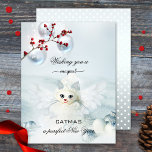 Tarjeta Festiva Funny Cat Angel Navidades de Año Nuevo<br><div class="desc">Un Navidad mágico y lindo y una tarjeta de vacaciones de Año Nuevo con un ángel de gato gracioso con Navidades baubles en un polvoriento paisaje azul. Encantador para cualquiera que ame a los gatos.</div>
