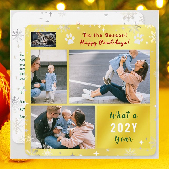 Tarjeta Festiva Funny Cat Dog 4 Photos Collage Cute Elegant Golden (Funny Cat Dog Photo Happy Pawlidays with 4 Photos Total. Elegant Cute Golden Background, Snowflakes)