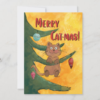 Tarjeta Festiva Funny Cat Hanging from a Branch of the Christmas