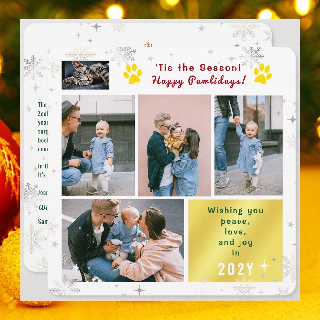 Tarjeta Festiva Funny Cat Happy Pawlidays Peace Love Joy 5 Photos  (Funny Cat Dog Photo Happy Pawlidays with 5 Photos Total. Elegant Cute Snowflakes. What a year letter)