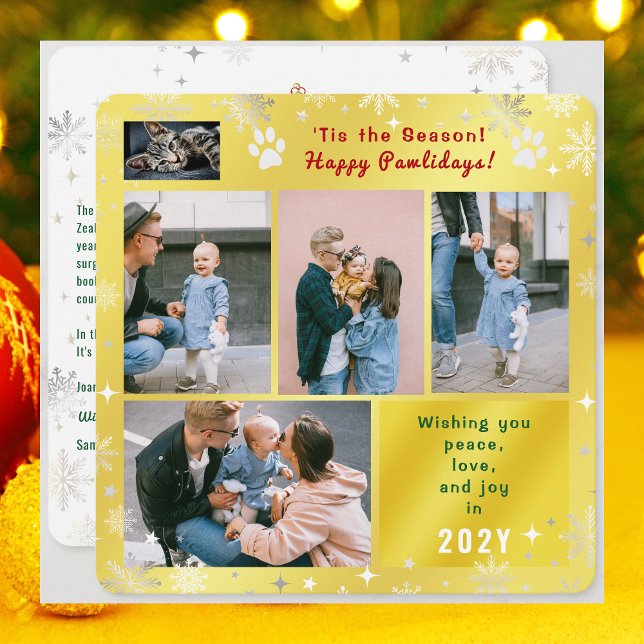 Tarjeta Festiva Funny Cat Happy Pawlidays Peace Love Photos Golden (Funny Cat Dog Photo Happy Pawlidays with 5 Photos Total. Elegant Cute Golden Background, Snowflakes)