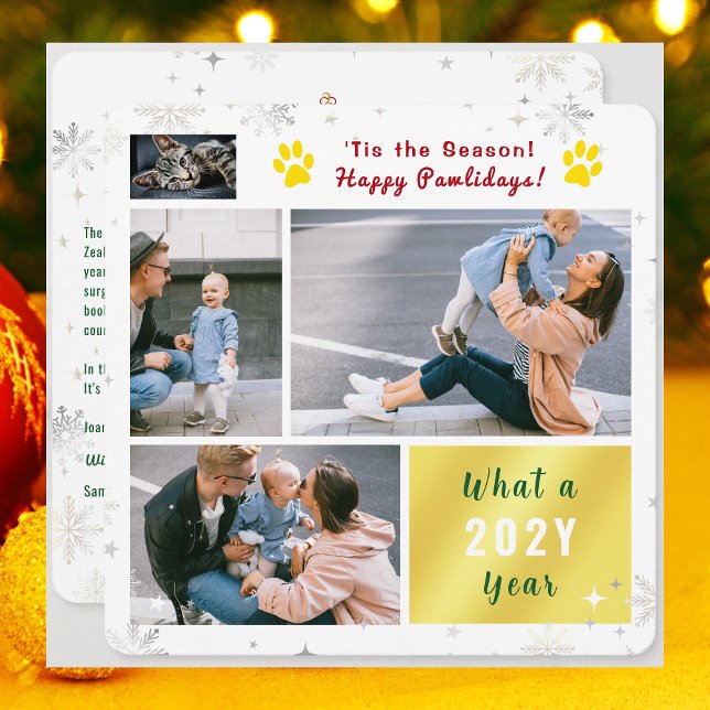 Tarjeta Festiva Funny Cat Happy Pawlidays Photos Christmas Letter (Funny Cat Dog Photo Happy Pawlidays with 4 Photos Total. Elegant Cute Snowflakes. What a year letter)