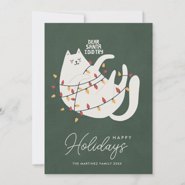 Tarjeta Festiva Funny Cat Navidades ilumina feriados felices (Anverso)