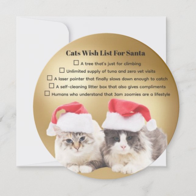 Tarjeta Festiva Funny Cats Wish List for Santa Holiday Card (Anverso)