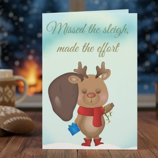 Tarjeta Festiva Funny Christmas Card With A Sleepy Reindeer (Holiday card with personality. Funny, festive, and totally relatable.)