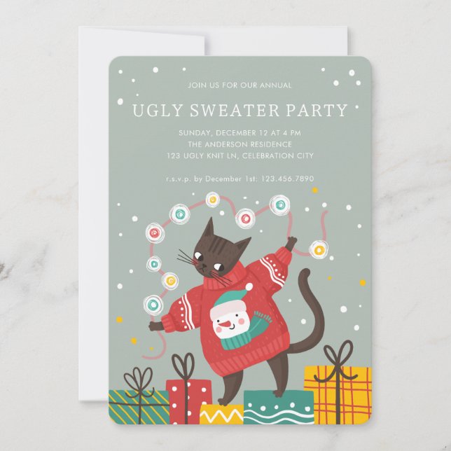 Tarjeta Festiva Funny Cute Cat Ugly Christmas Sweater Party (Anverso)