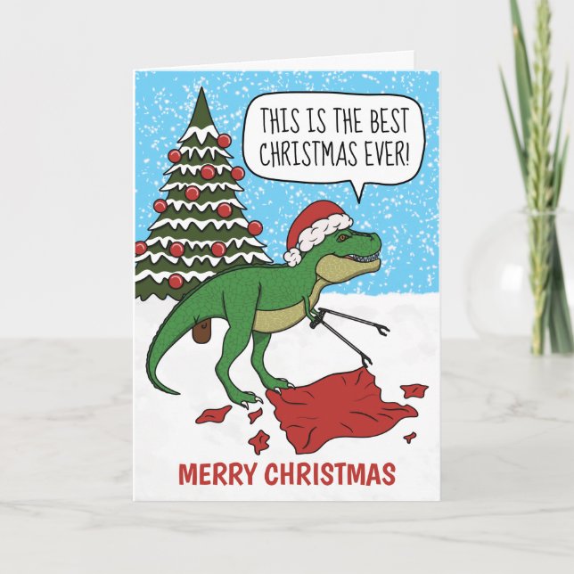 Tarjeta Festiva Funny Dinosaur T-Rex Merry Christmas Holiday Card (Anverso)