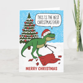Tarjeta Festiva Funny Dinosaur T-Rex Merry Christmas Holiday Card