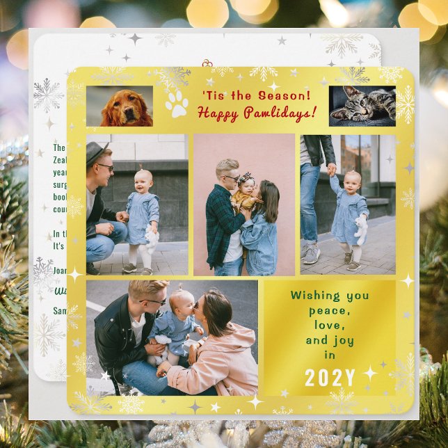 Tarjeta Festiva Funny Dog Cat Happy Pawlidays Peace Love Photos  (Funny Cat Dog Photo Happy Pawlidays with 6 Photos. Golden Background, Snowflakes. Peace, Love, Joy)