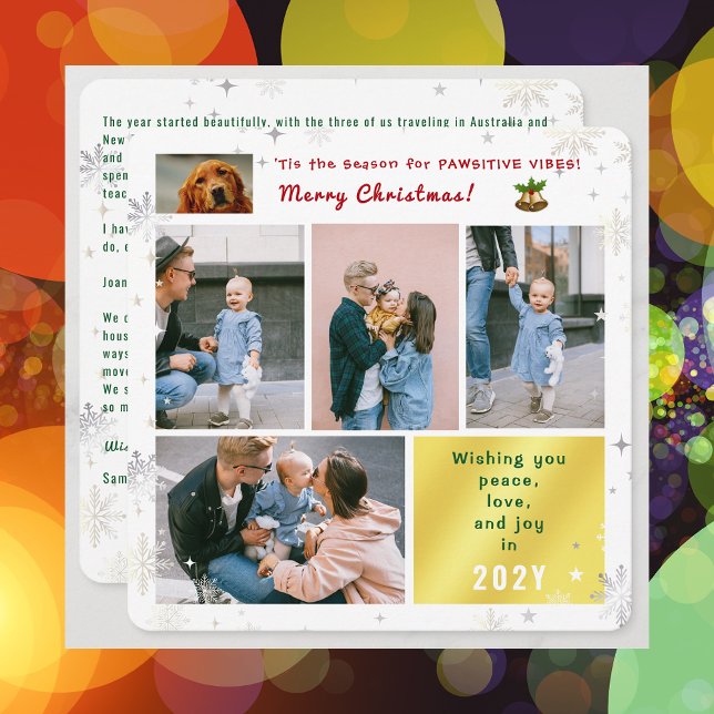 Tarjeta Festiva Funny Dog Cat Peace Love Joy 5 Fotos Cute Elegante (Elegant Funny Pawsitive Vibes Pet Dog Christmas Card 5 Photos Peace Love Joy Snowflakes Stars Letter)