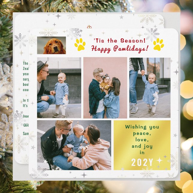 Tarjeta Festiva Funny Dog Happy Pawlidays Peace Love Joy 5 Photos  (Funny Dog Cat Photo Happy Pawlidays with 5 Photos Total. Elegant Cute Snowflakes. What a year letter)