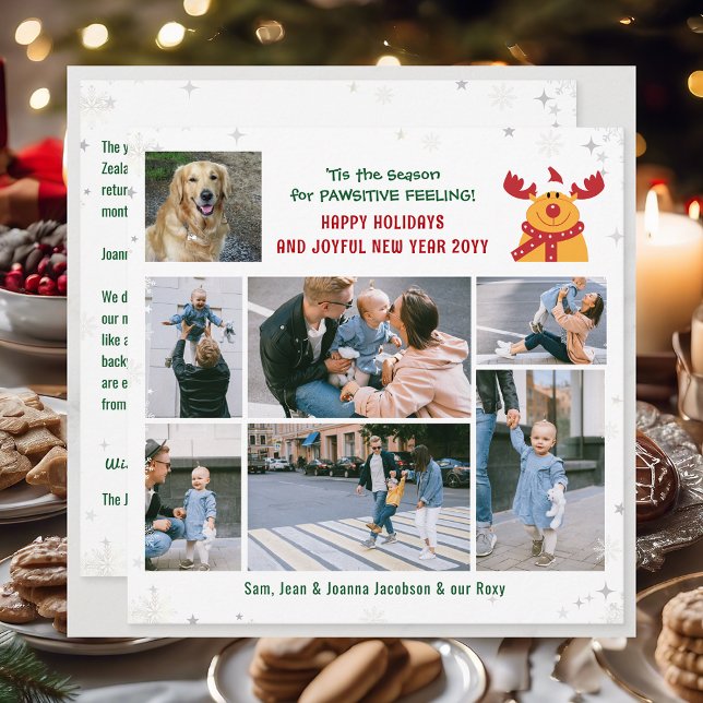Tarjeta Festiva Funny Dog & Rudolph Felices Fiestas Modernas 7 Fot (Cute Funny Modern Rudolph & Dog Pawsitive Happy Holidays Joyful New Year 7 Photos Snowflakes Letter)