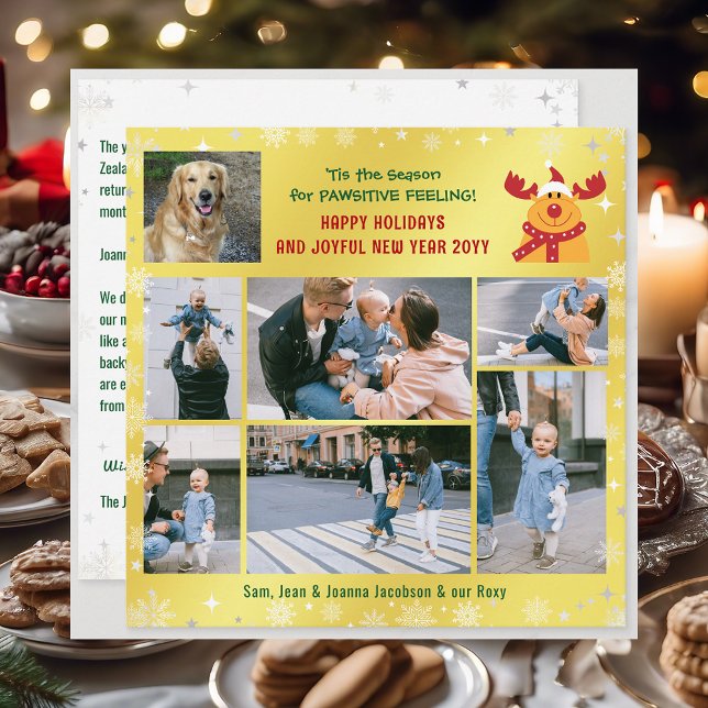 Tarjeta Festiva Funny Dog & Rudolph Felices Vacaciones Golden 7 Fo (Cute Funny Modern Rudolph & Dog Pawsitive Happy Holidays Joyful New Year 7 Photos Snowflakes Golden)