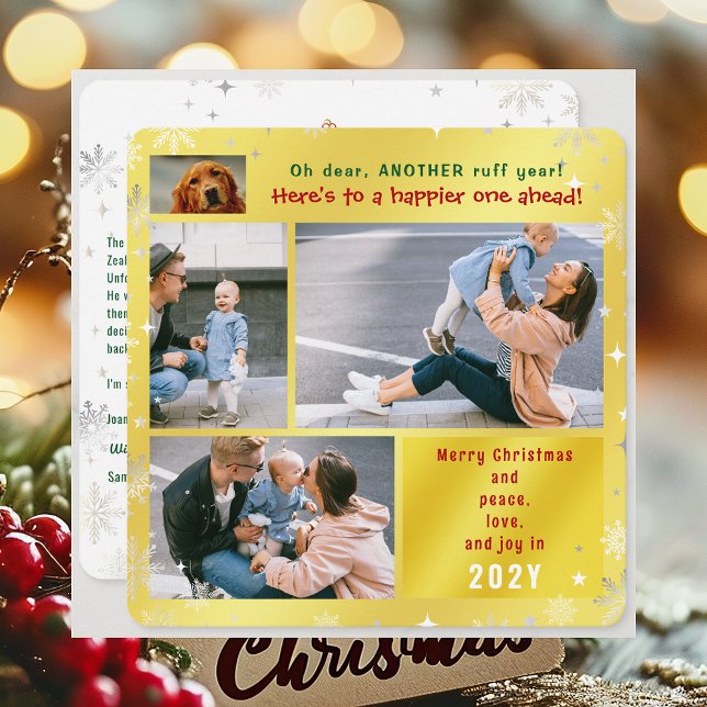 Tarjeta Festiva Funny Dog Ruff Year Peace Love Joy 4 Fotos Golden (Elegant Golden Cute Funny Dog Oh Dear Ruff Year Merry Christmas 4 Photos Peace Love Joy Xmas Letter)