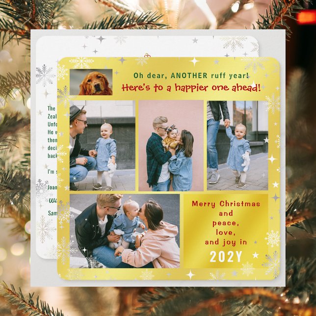 Tarjeta Festiva Funny Dog Ruff Year Peace Love Joy Golden 5 Fotos (Elegant Golden Cute Funny Dog Oh Dear Ruff Year Merry Christmas 5 Photos Peace Love Joy  Xmas Letter)