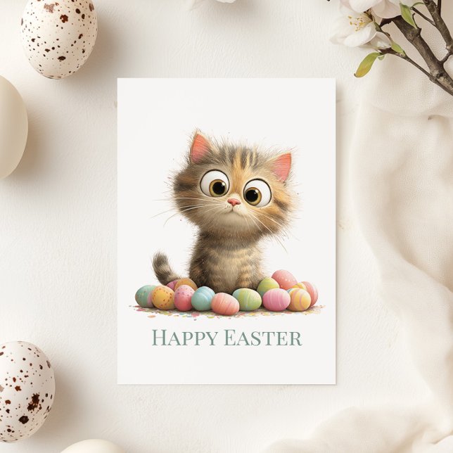 Tarjeta Festiva Funny Easter Cat Flat Greeting Card (Funny Easter Cat Flat Greeting Card on a sunny table with Easter and Spring decor)