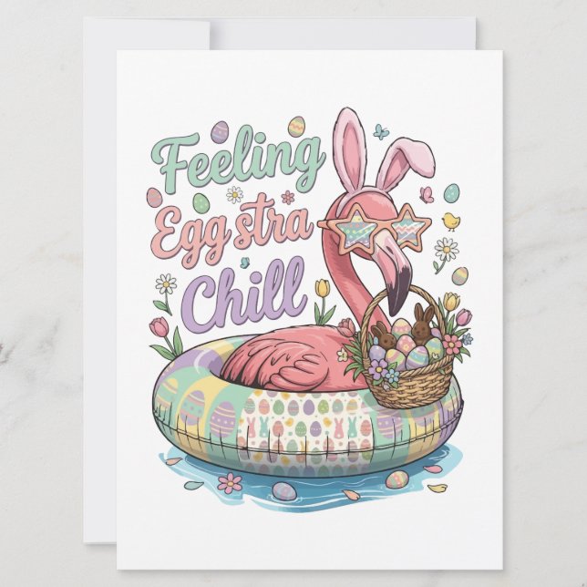 Tarjeta Festiva Funny Easter Flamingo Feeling Eggstra Chill Cute (Anverso)