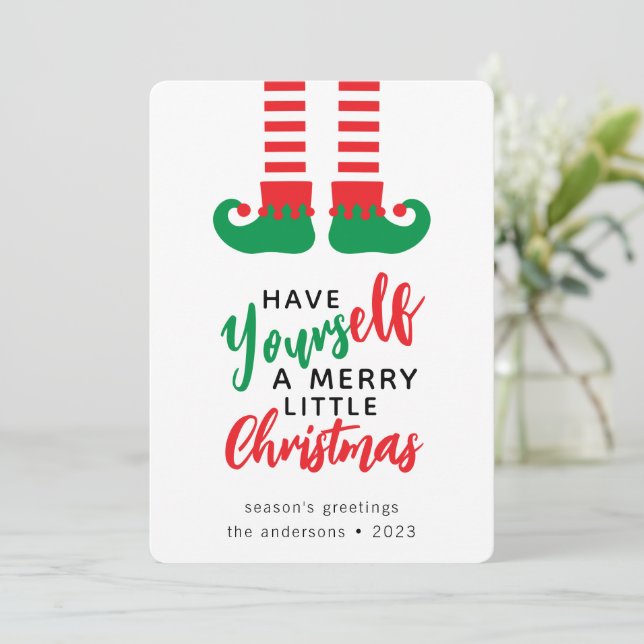 Tarjeta Festiva Funny Elf Merry Christmas (Anverso de pie)