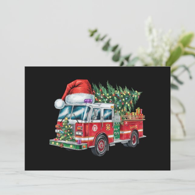 Tarjeta Festiva Funny Firetruck Santa Hat Christmas Tree Lights (Anverso de pie)