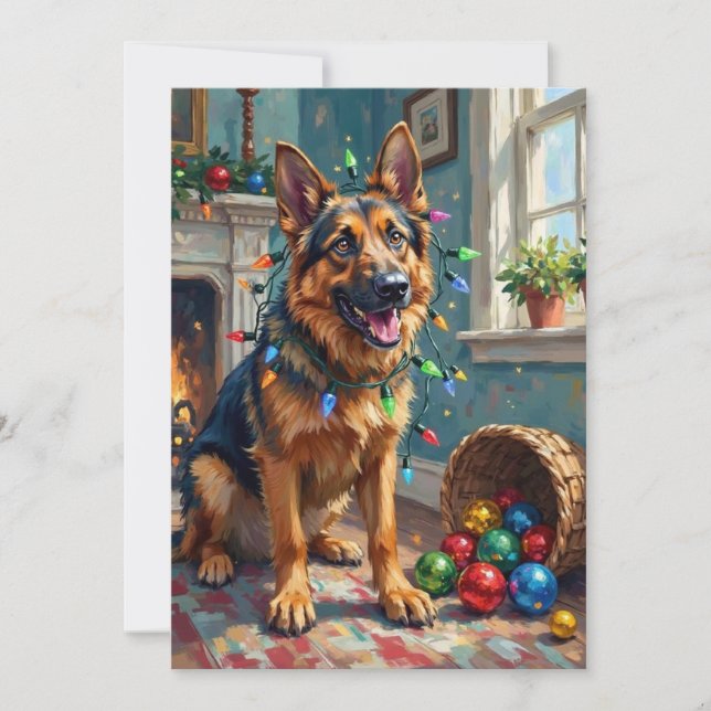 Tarjeta Festiva Funny German Shepherd Tangled in Christmas Lights (Anverso)