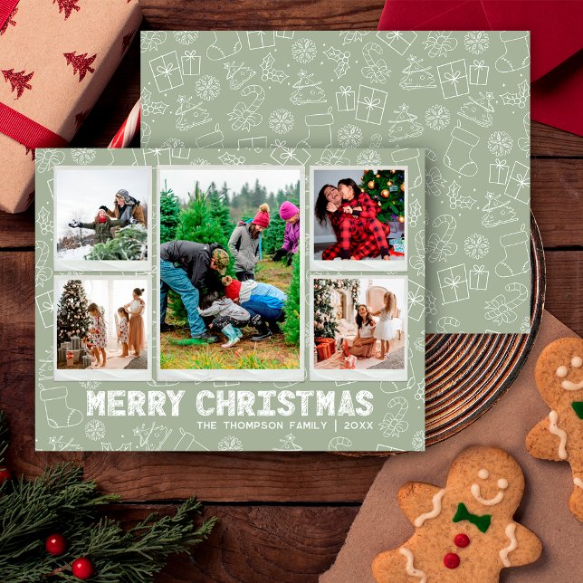 Tarjeta Festiva Funny Green Doodle Navidades 5 Photo Holiday Card (Subido por el creador)