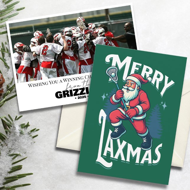 Tarjeta Festiva Funny Green Merry Laxmas Lacrosse Team Christmas (“Merry Laxmas” green lacrosse-themed Christmas card with Santa and team photo on snowy background.)