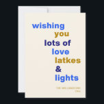 Tarjeta Festiva Funny Hanukkah Love Latkes ilumina a Personalizado<br><div class="desc">Celebra el Festival de las Luces con una sonrisa usando esta graciosa tarjeta de vacaciones de Hanukkah, con la frase juguetona Love Latkes y Lights en un alegre fondo azul. Personalizable y lleno de espíritu festivo, esta tarjeta es perfecta para compartir la alegría de las vacaciones con un toque humorístico....</div>