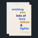 Tarjeta Festiva Funny Hanukkah Love Latkes ilumina a Personalizado<br><div class="desc">Celebra el Festival de las Luces con una sonrisa usando esta graciosa tarjeta de vacaciones de Hanukkah, con la frase juguetona Love Latkes y Lights en un alegre fondo azul. Personalizable y lleno de espíritu festivo, esta tarjeta es perfecta para compartir la alegría de las vacaciones con un toque humorístico....</div>