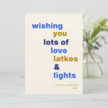 Tarjeta Festiva Funny Hanukkah Love Latkes ilumina a Personalizado<br><div class="desc">Celebra el Festival de las Luces con una sonrisa usando esta graciosa tarjeta de vacaciones de Hanukkah, con la frase juguetona Love Latkes y Lights en un alegre fondo azul. Personalizable y lleno de espíritu festivo, esta tarjeta es perfecta para compartir la alegría de las vacaciones con un toque humorístico....</div>