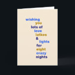 Tarjeta Festiva Funny Hanukkah Love Latkes ilumina a Personalizado<br><div class="desc">Funny Hanukkah Love Latkes se ilumina con tarjeta azul de vacaciones con carta o mensaje personalizado dentro</div>