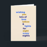 Tarjeta Festiva Funny Hanukkah Love Latkes ilumina a Personalizado<br><div class="desc">Funny Hanukkah Love Latkes se ilumina con tarjeta azul de vacaciones con carta o mensaje personalizado dentro</div>