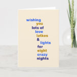 Tarjeta Festiva Funny Hanukkah Love Latkes se ilumina en azul<br><div class="desc">Funny Hanukkah Love Latkes se ilumina con tarjeta azul de vacaciones</div>