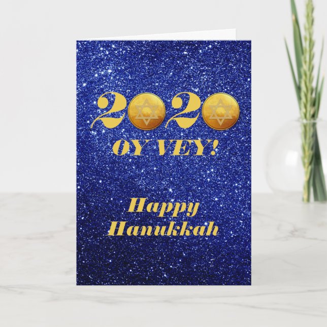 Tarjeta Festiva Funny Hanukkah Oy Vey 2020 Gelt Coin purpurina (Anverso)