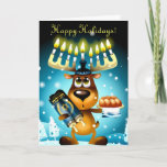 Tarjeta Festiva Funny Hanukkah Reindeer Felices Fiestas<br><div class="desc">¿No sabes si decir "Feliz Navidad" o "Feliz Hanukkah"? ¡Digan AMBOS con este divertido reno que parece no estar muy seguro de por qué sus cuernos están iluminados como una menorah! Este lindo reno seguro que hará sonreír a sus amigos y familiares en esta temporada de vacaciones. Felices fiestas!</div>