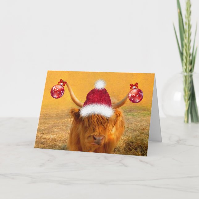 Tarjeta Festiva Funny Highland Steer Navidades Holiday Card (Anverso)