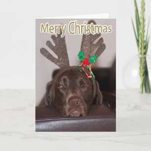 Tarjeta Festiva Funny Labrador Purpurina Antlers Personalizado Tex