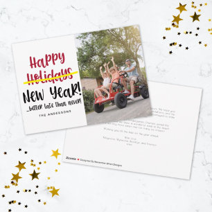 Tarjeta Festiva Funny Late Happy New Year Photo Holiday Card