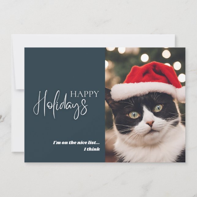 Tarjeta Festiva Funny Mascota Navidades Cat Nice List Blue (Anverso)