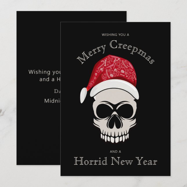 Tarjeta Festiva Funny Merry Creepmas Skull Santa Hat Holiday Card (Anverso / Reverso)