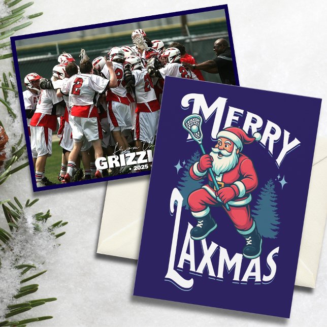 Tarjeta Festiva Funny Merry Laxmas Lacrosse Team Christmas Photo (Lacrosse-themed Christmas card with “Merry Laxmas” Santa design and team photo on snowy background.)