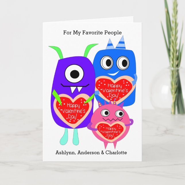 Tarjeta Festiva Funny Monster Kids El día de San Valentín (Anverso)