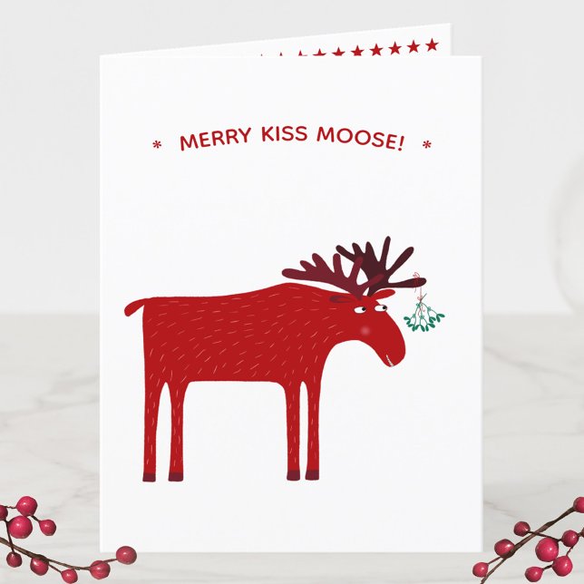Tarjeta Festiva Funny Moose (Merry Kiss Moose fin elk Christmas holiday card)