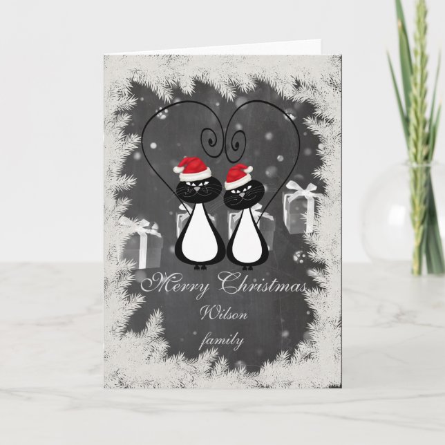 Tarjeta Festiva Funny Navidades de moda de la pareja Santa cat piz (Anverso)