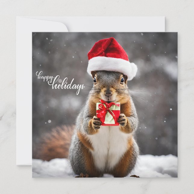 Tarjeta Festiva Funny Navidades Santa Squirrel con el presente (Anverso)
