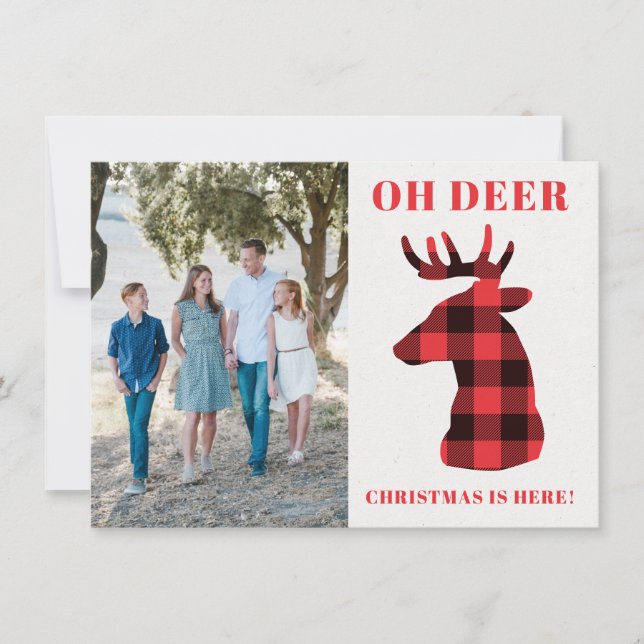 Tarjeta Festiva Funny Oh Deer Navidades está aquí Buffalo Plaid (Anverso)